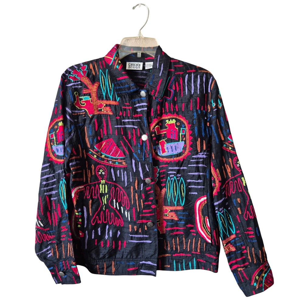 Chicos Design Vintage 100% Silk Embroidered Tribal Abstract Jacket Black Size 1